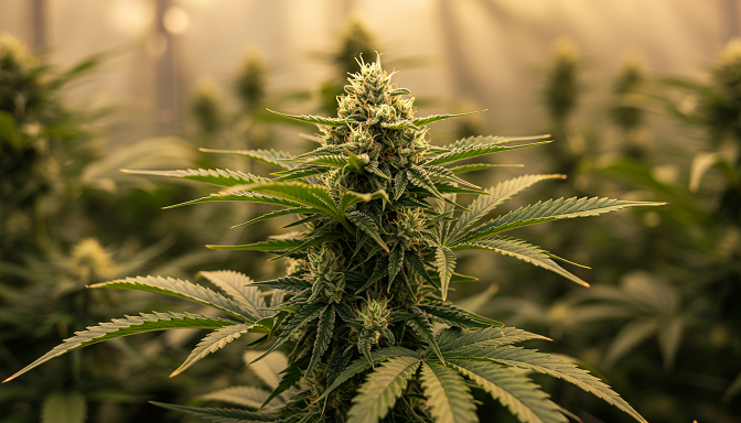 A lush, mature feminized cannabis plant with dense, resinous buds, ready for harvest.