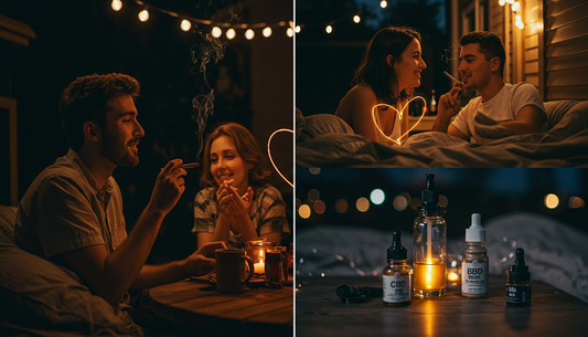 A lively outdoor setting with a couple sharing a joint under stars, vaping on a date, and relaxing in bed with cbd products, tied together with a glowing heart. smiling and chatting under string lights at dusk.
