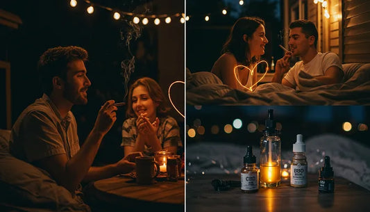 A lively outdoor setting with a couple sharing a joint under stars, vaping on a date, and relaxing in bed with cbd products, tied together with a glowing heart. | Hurcann