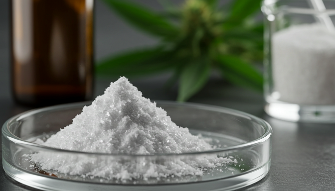 Close-up of pure CBN isolate powder with cannabis elements and lab tools in the background.