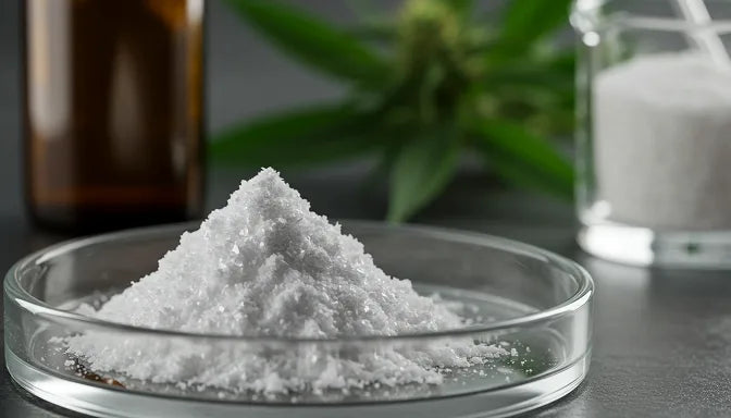 Close-up of pure CBN isolate powder with cannabis elements and lab tools in the background | Hurcann
