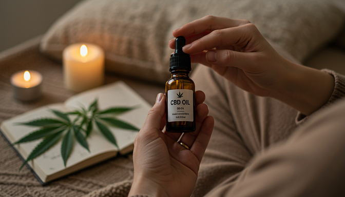 A person holding CBD oil in a cozy room with cannabis leaves, a journal, and warm candlelight.