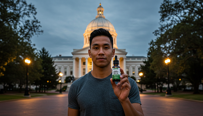 A person holding a bottle of CBD oil in front of the Virginia State Capitol, emphasizing legal CBD use in the state.