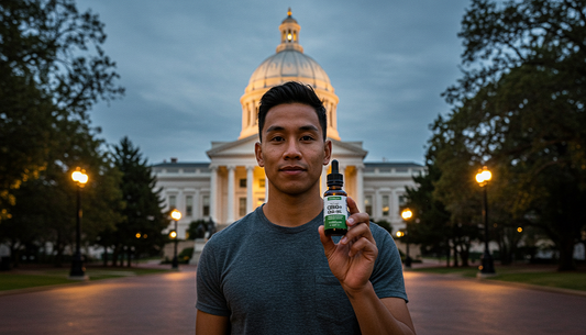 A person holding a bottle of CBD oil in front of the Virginia State Capitol, emphasizing legal CBD use in the state.