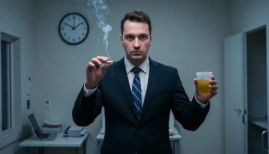 A person in a suit with a joint and urine cup in a clinic room, a clock looming above | Hurcann