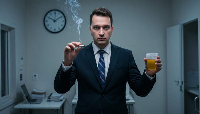 A person in a suit with a joint and urine cup in a clinic room, a clock looming above.