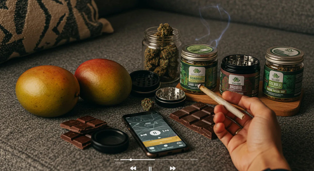 A person on a couch with a joint, mangos, chocolate, a grinder, cannabis jars, and a playlist | Hurcann