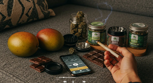 A person on a couch with a joint, mangos, chocolate, a grinder, cannabis jars, and a playlist | Hurcann