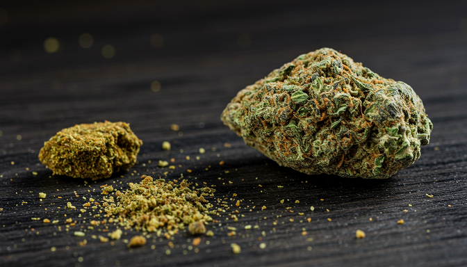 A premium cannabis moon rock on a dark wooden surface, surrounded by kief and hash oil, with lighting highlighting its textures.