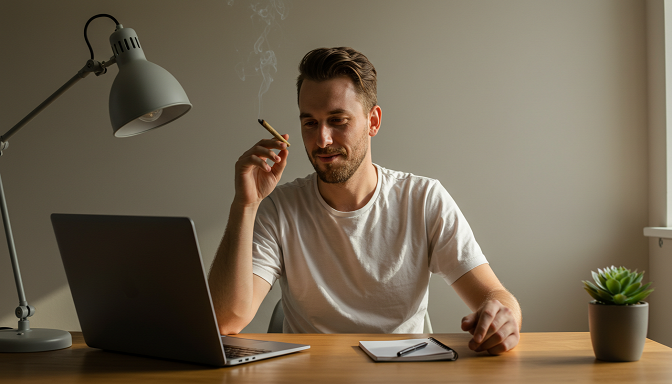 A stoner works productively at a minimalist desk with a laptop, joint, labeled cannabis strains, and a checklist, showing balance.