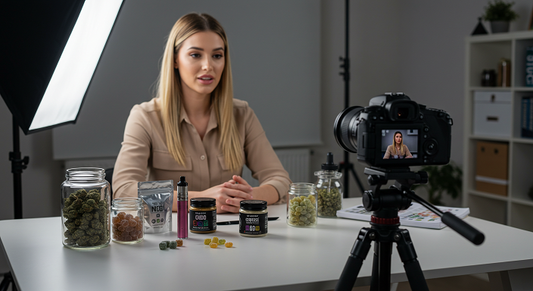 A social media influencer records a professional cannabis product review in a home studio.