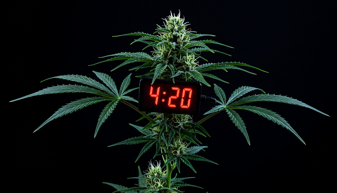Cannabis plant with 4:20 clock hands in leaves, against purple-green sunset sky with gold.