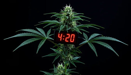 Cannabis plant with 4:20 clock hands in leaves, against purple-green sunset sky with gold | Hurcann