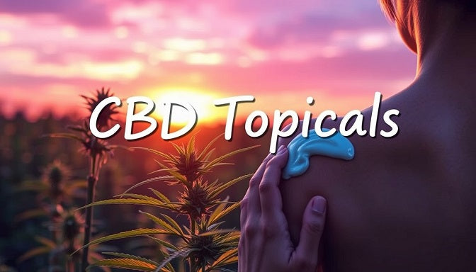 A radiant hemp plant with a shimmering CBD topical cream being applied to the skin by a woman.
