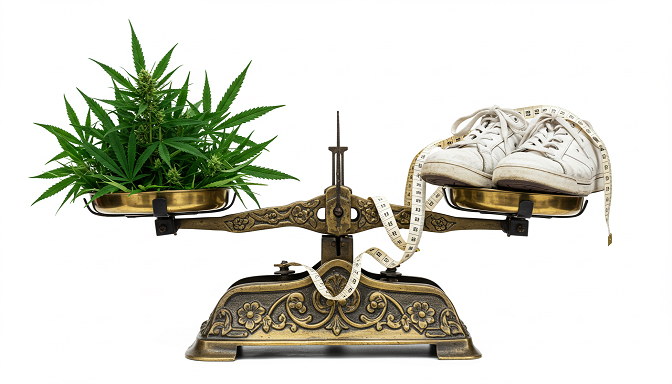Cannabis leaves balanced on a scale with sneakers and measuring tape symbolizing cannabis and weight loss.