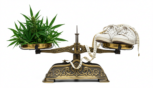 Cannabis leaves balanced on a scale with sneakers and measuring tape symbolizing cannabis and weight loss.