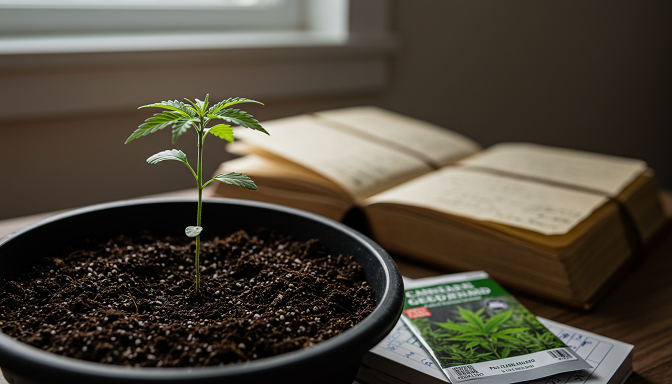 Fresh cannabis seedling sprouting in a home grow setup with labeled seed packets and notes on a wooden bench.
