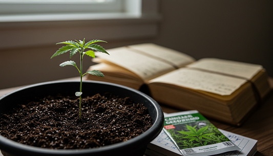 Fresh cannabis seedling sprouting in a home grow setup with labeled seed packets and notes on a wooden bench.