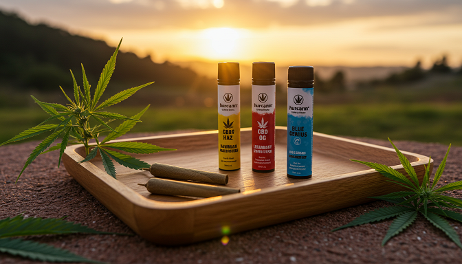 Hurcann CBD pre-rolls (Hawaiian Haze, Legendary OG, Blue Genius) on a wooden tray with hemp leaves, set against a calming sunset glow.