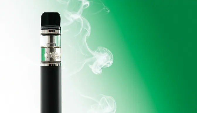 A high-quality CBD vape pen emitting a light vapor cloud, featuring a transparent CBD isolate cartridge against a green and white wellness-themed background | Hurcann