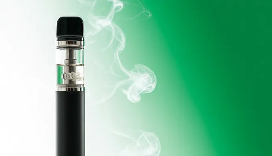 A high-quality CBD vape pen emitting a light vapor cloud, featuring a transparent CBD isolate cartridge against a green and white wellness-themed background | Hurcann