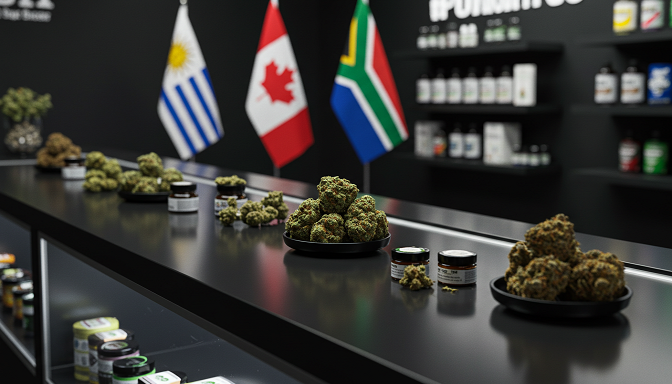 Dispensary counter with cannabis products and flags, under cool modern lighting.