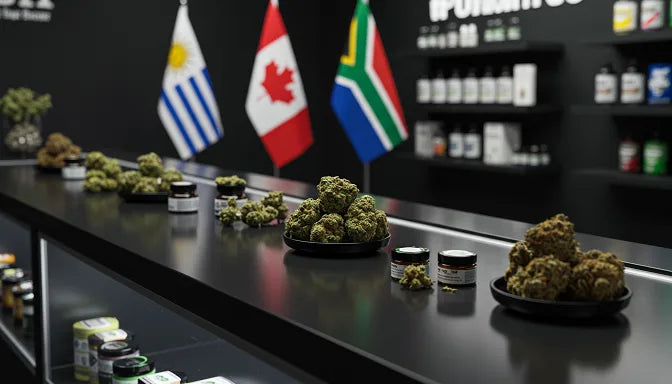 Dispensary counter with cannabis products and flags, under cool modern lighting | Hurcann