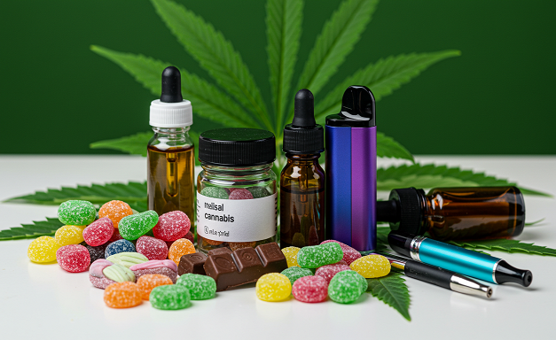 Delta-8 THC products such as edibles, vape pens, and tinctures displayed on a clean surface with a cannabis leaf background, emphasizing the variety of Delta-8 products.