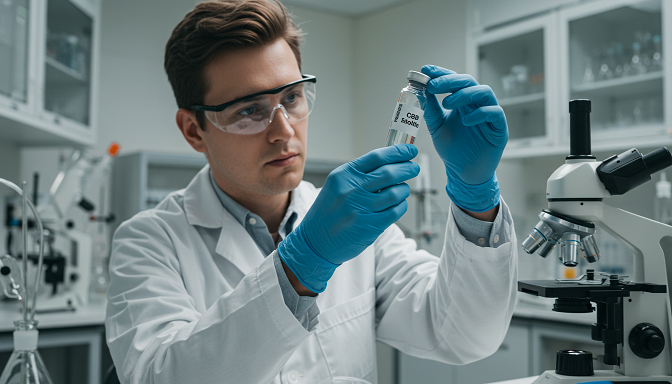 A scientist in a lab examining a vial of CBD isolate solution under bright lighting.