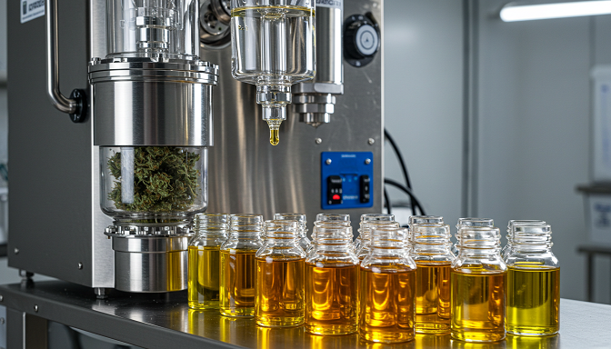Hydrocarbon extraction machine processing cannabis material, with a focus on the rich, pure crude oil produced in the final containers.