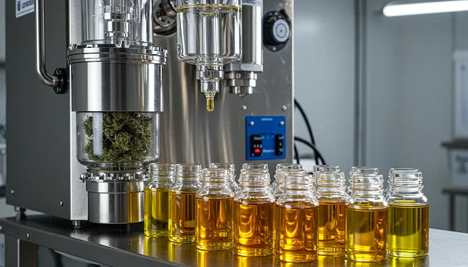 Hydrocarbon extraction machine processing cannabis material, with a focus on the rich, pure crude oil produced in the final containers | Hurcann