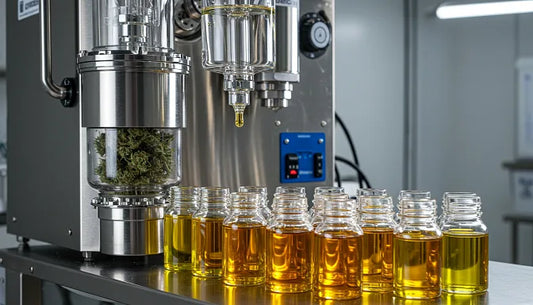 Hydrocarbon extraction machine processing cannabis material, with a focus on the rich, pure crude oil produced in the final containers | Hurcann