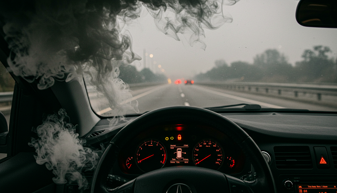 A smoky car interior with a steering wheel, red warning light, and a hazy highway backdrop.