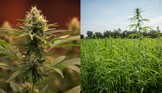A split image of a marijuana plant with buds and a hemp field, overlaid with hemp products like textiles and oils, showcasing cannabis diversity.