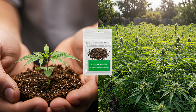 A split image of a grower with a cannabis seedling indoors and a thriving outdoor cannabis garden, linked by a seed packet.