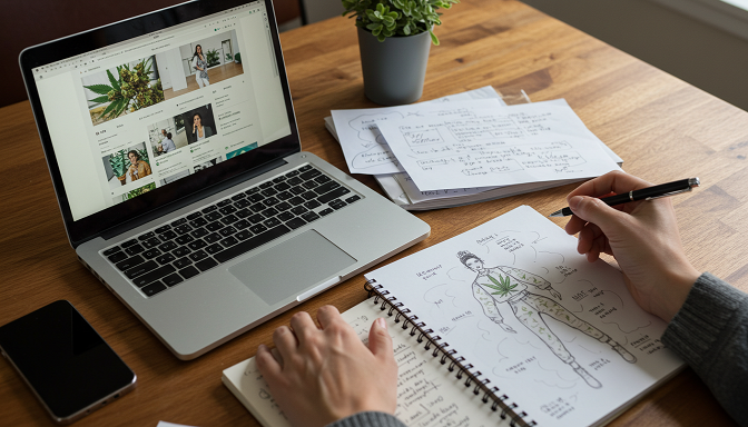 A cannabis smoker works at a home office desk with a laptop, notebook, and fashion sketch, holding a joint, blending work and relaxation.