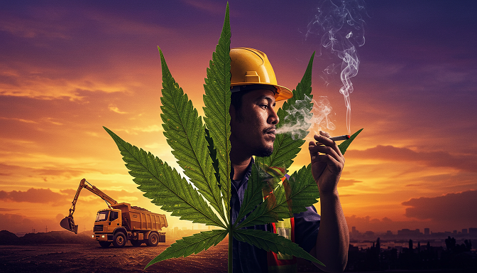Split cannabis leaf with hard hat and truck vs. relaxed worker, against purple-orange sky.