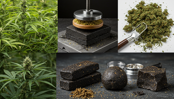 A detailed visual of the hash-making process, showing cannabis plants, dried trichomes, pressed bricks, and the final concentrate.