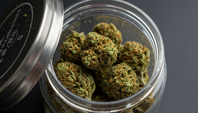 A close-up of Delta-8 Moon Rocks in a glass jar, highlighting their kief-covered texture and rich, golden-green hues.