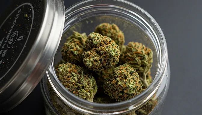 A close-up of Delta-8 Moon Rocks in a glass jar, highlighting their kief-covered texture and rich, golden-green hues | Hurcann