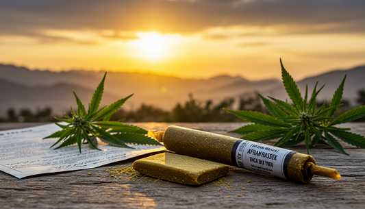 A hand-rolled Afghan THCA hash block sits on a wooden table with cannabis leaves, a legal document, and Afghan mountains in the background, symbolizing tradition and modernity.