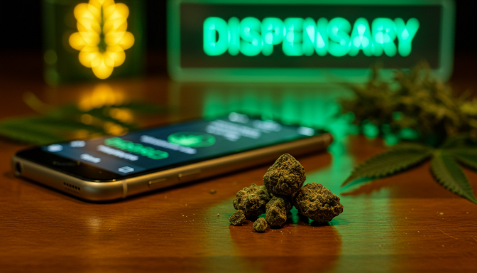 Macro shot of THCA hash crystals on a wooden table with cannabis leaves, a dispensary sign, and a smartphone showing a locator app.