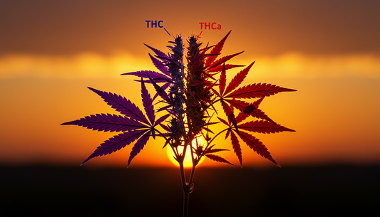 Cannabis plant split with glowing THC and THCa molecular structures, against a purple-orange sunset sky.