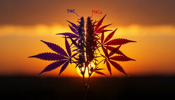 Cannabis plant split with glowing THC and THCa molecular structures, against a purple-orange sunset sky | Hurcann
