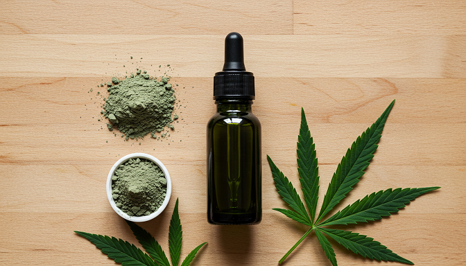 A bottle of hemp oil with a dropper next to fresh hemp seeds on a wooden surface.