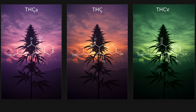 Cannabis plant split into three glowing sections of THCa, THC, and THCv molecular structures, against a purple-green sunset sky with swirling smoke.