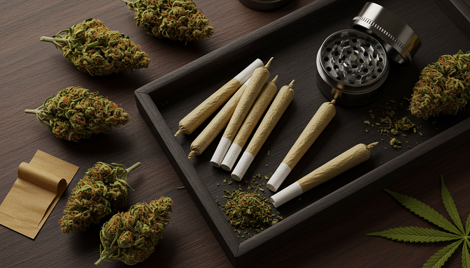 Premium pre-rolled cannabis joints displayed on a wooden tray with fresh buds and a grinder.
