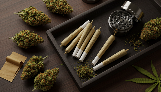 Premium pre-rolled cannabis joints displayed on a wooden tray with fresh buds and a grinder.