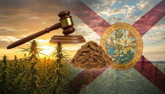 Florida hemp field at sunrise with a glowing THCA hash pile, a hovering legal gavel, and a faint lab report and state flag overlay.