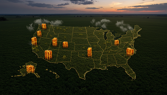 A U.S. map carved in a hemp field with glowing THCA hash marking legal states, shadowy restricted areas, and gray clouds over uncertain states at twilight.